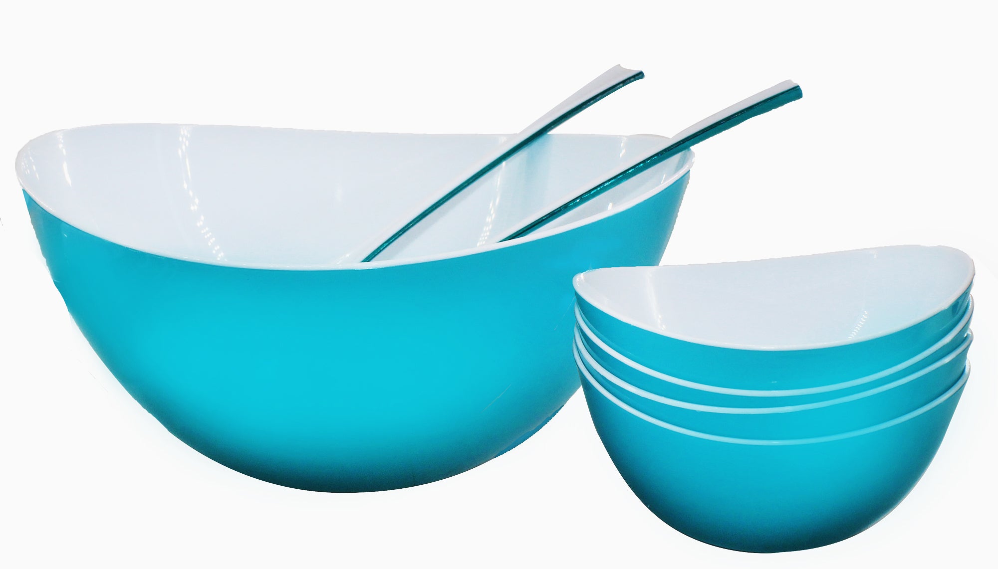 7 piece Fruit and Salad Bowl Set - 4 Bowls, Spoon & Fork - Blue