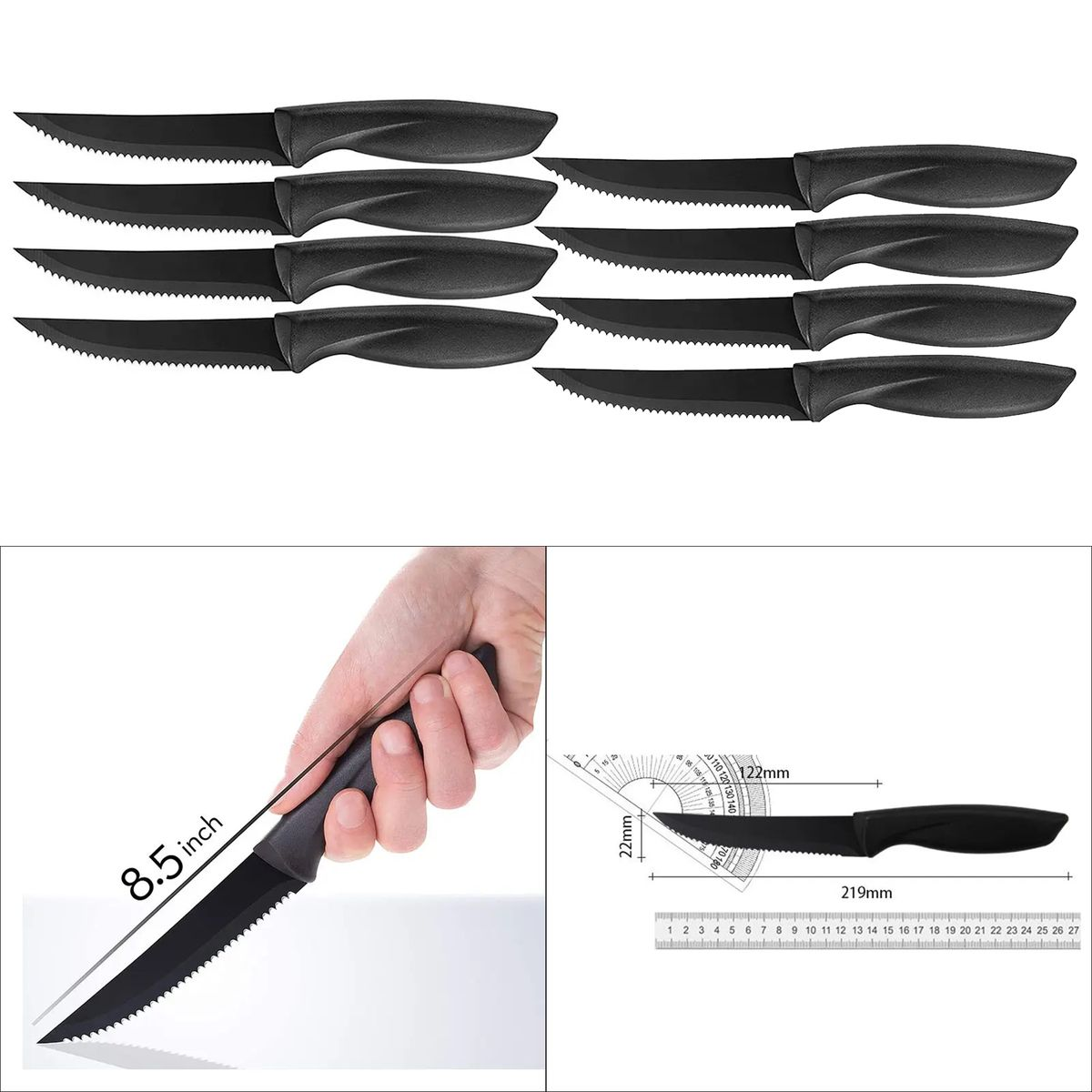 LMA 8 Piece Black Steel Serrated Steak Knife Set