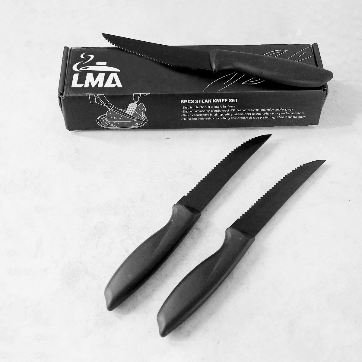 LMA 8 Piece Black Steel Serrated Steak Knife Set