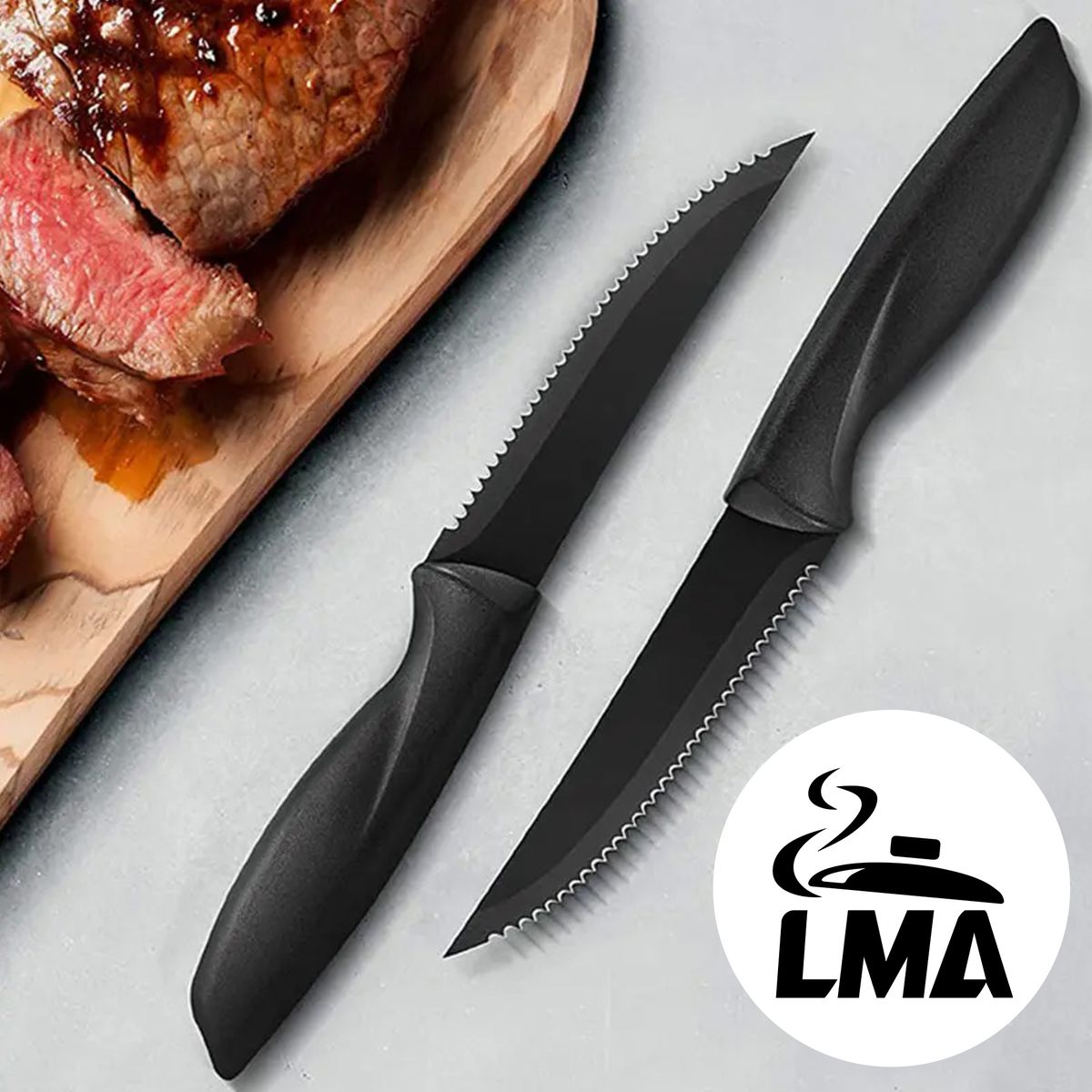 LMA 8 Piece Black Steel Serrated Steak Knife Set