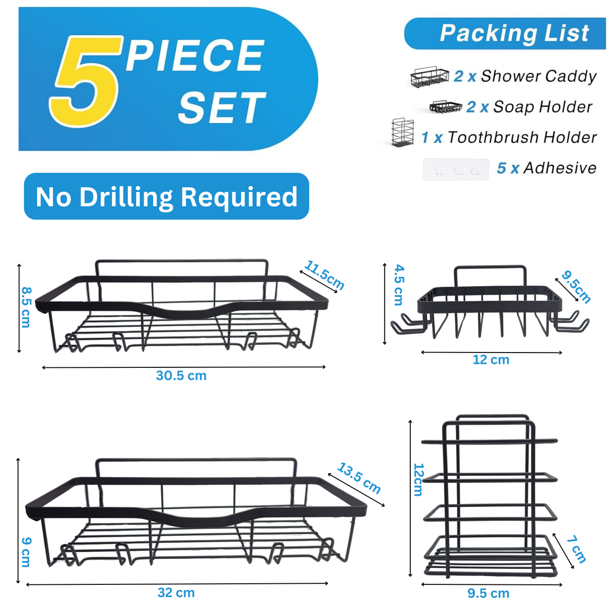 5 Pack Shower Caddy with Hooks, Bathroom Organizers, Premium Metal