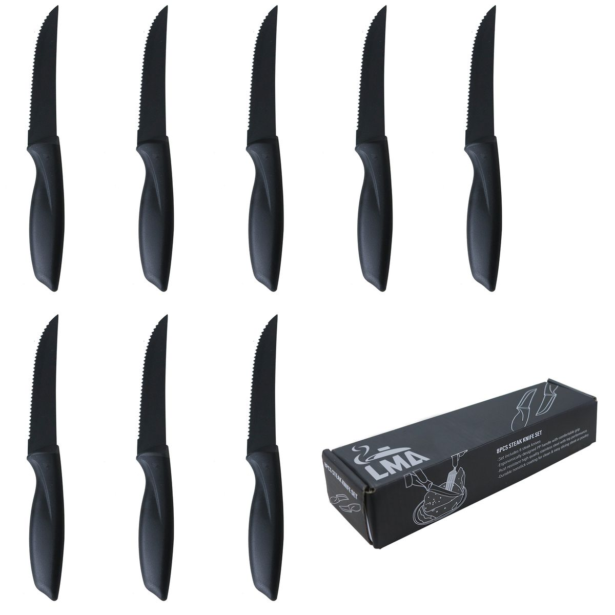 LMA 8 Piece Black Steel Serrated Steak Knife Set