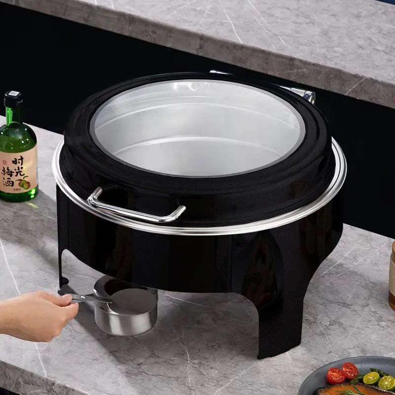 LMA Round Soft-Close Chafing DIsh with Window and Serving Spoons in Stand