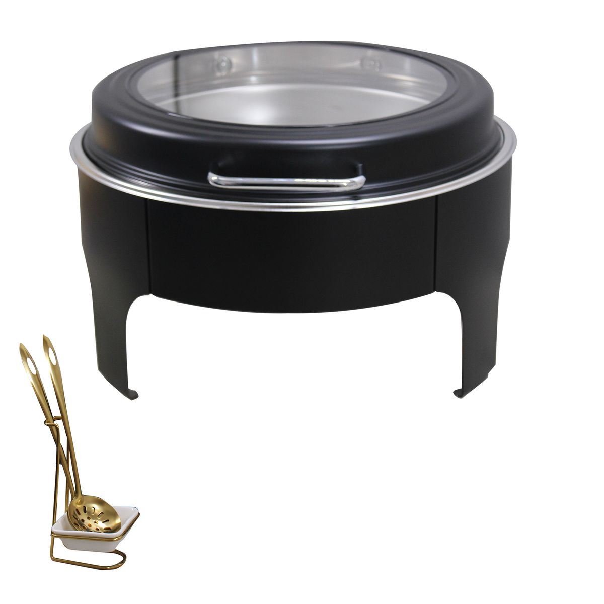 LMA Round Soft-Close Chafing DIsh with Window and Serving Spoons in Stand