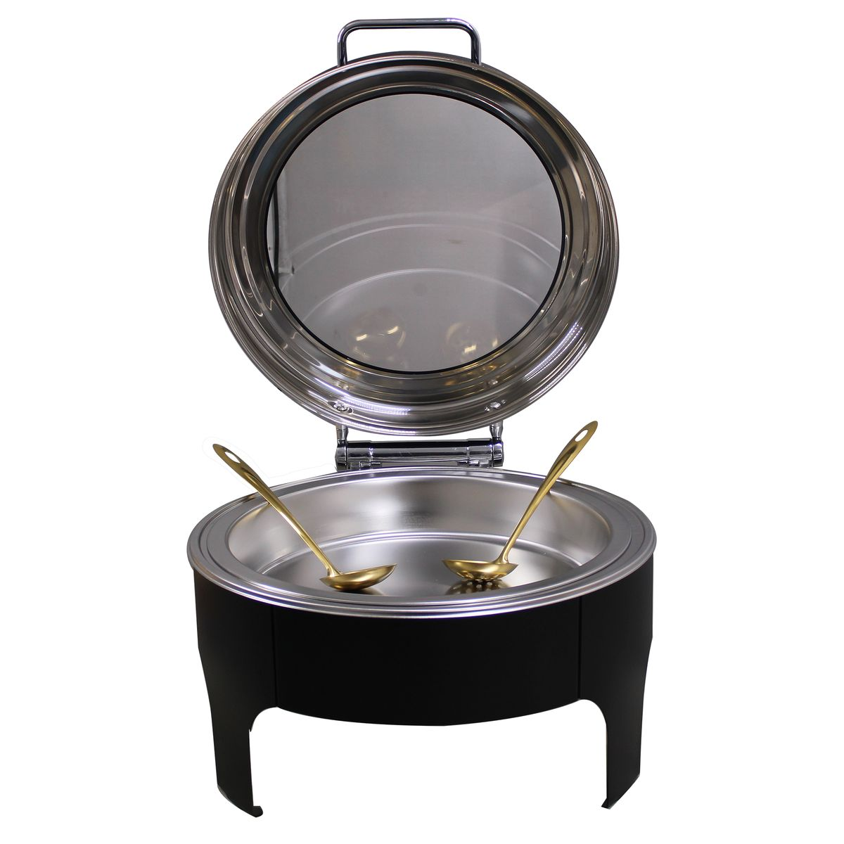 LMA Round Soft-Close Chafing DIsh with Window and Serving Spoons in Stand