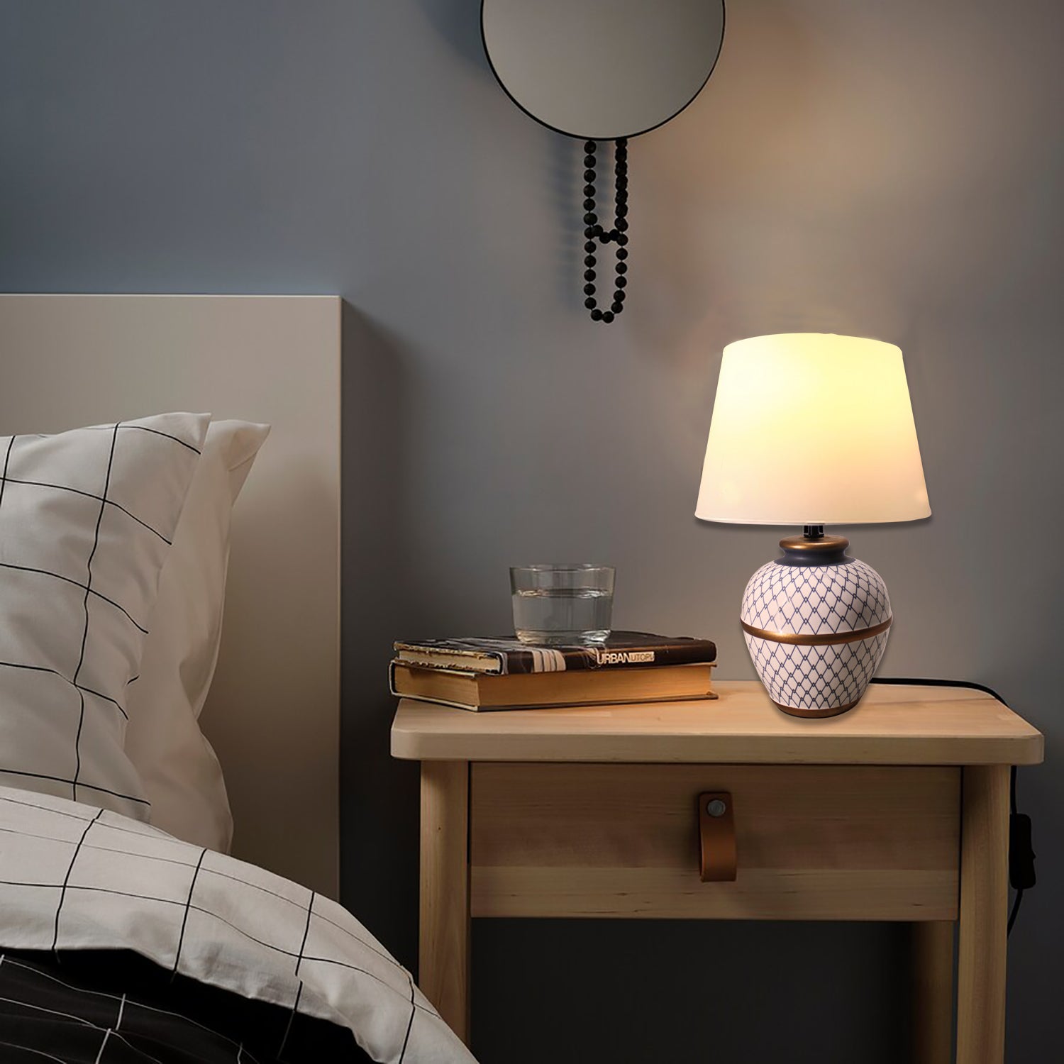 LMA Indigo & White Ceramic Table Lamp with Linen Shade