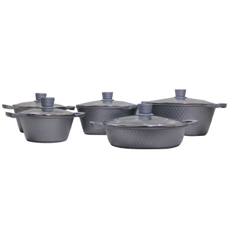 13 Piece Aluminium Pot Set with Marble Coating & Glass Lid - Diamond Grooved