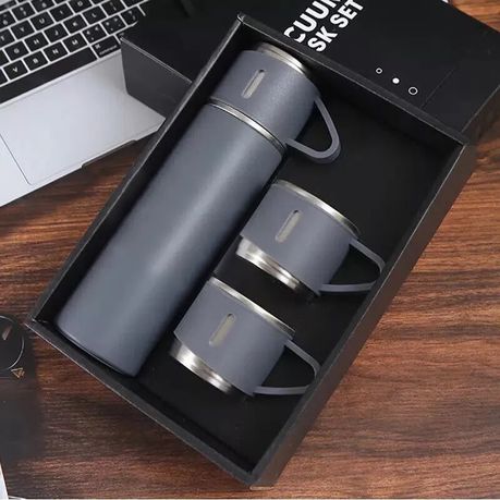 350ml Stainless Steel Double Wall Vacuum Flask & 3 x 125ml Cups with Gift Box