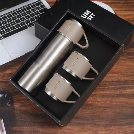 350ml Stainless Steel Double Wall Vacuum Flask & 3 x 125ml Cups with Gift Box