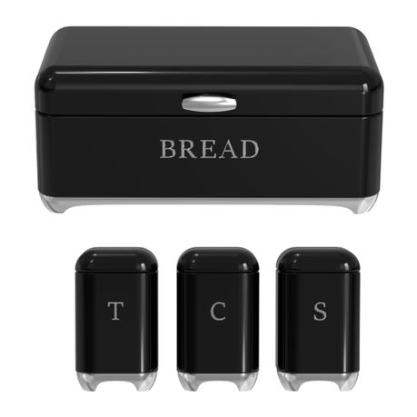 Glossy Retro Stainless Steel Bread Bin & Matching Caniser Set - Hook Handle