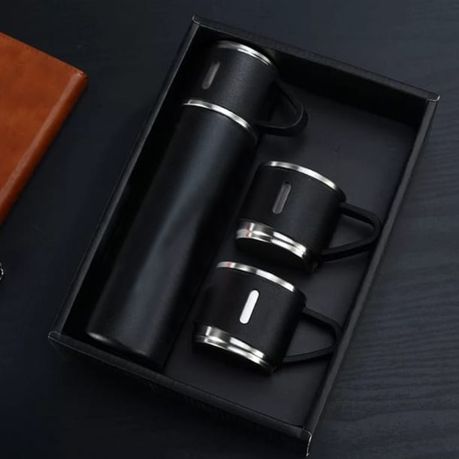 350ml Stainless Steel Double Wall Vacuum Flask & 3 x 125ml Cups with Gift Box