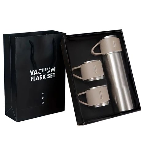 350ml Stainless Steel Double Wall Vacuum Flask & 3 x 125ml Cups with Gift Box