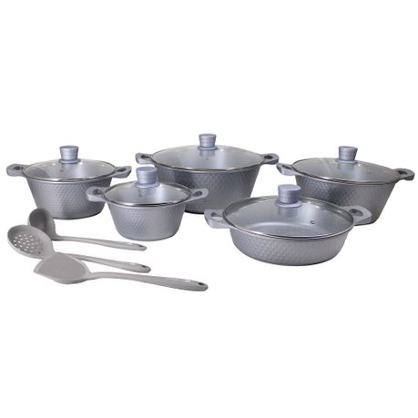 13 Piece Aluminium Pot Set with Marble Coating & Glass Lid - Diamond Grooved