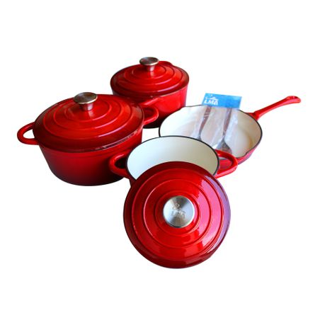 LMA Branded 7 Piece Cast Iron Cookware Set & Two Piece Utensil Set - Red