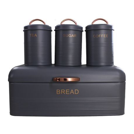 Retro Syle Bread Bin & 3 Piece Canister Set with Russet Brown Handles