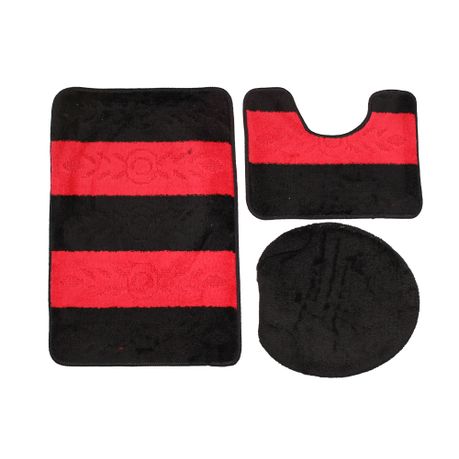 60x100cm Two Tone 3 Piece Non-Slip Turkish Toilet Cover & Mat Set Black/Red