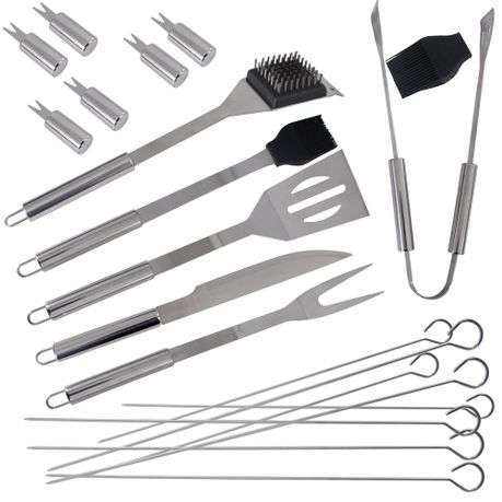 LMA Stainless Steel 21 Piece Braai Utensil w Skewers & Basting Brushes Bag