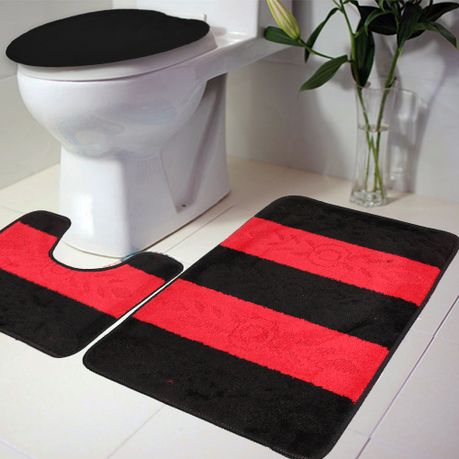 60x100cm Two Tone 3 Piece Non-Slip Turkish Toilet Cover & Mat Set Black/Red