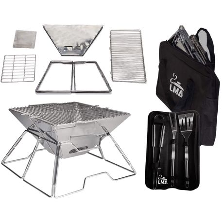 LMA Braai Master Folding BBQ Stand & 3 Piece Utensil Set with Carrying Bags