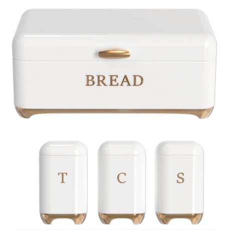 Glossy Retro Stainless Steel Bread Bin & Matching Caniser Set - Hook Handle