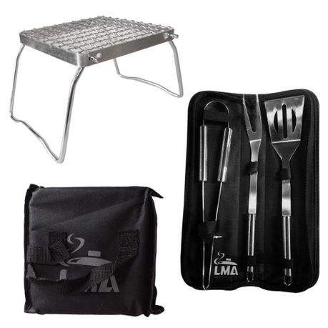 LMA 16cm Mini Folding Grill Grid & 3 Piece Utensil Set in Carry Bags