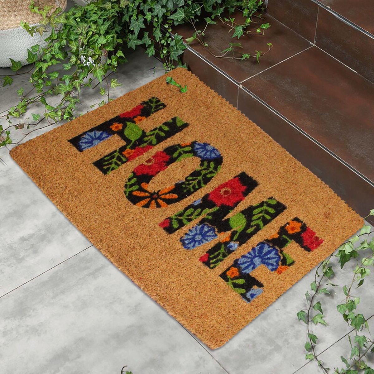 40x60cm Printed Coir Door Mat with Non-Slip Backing - Flower Home