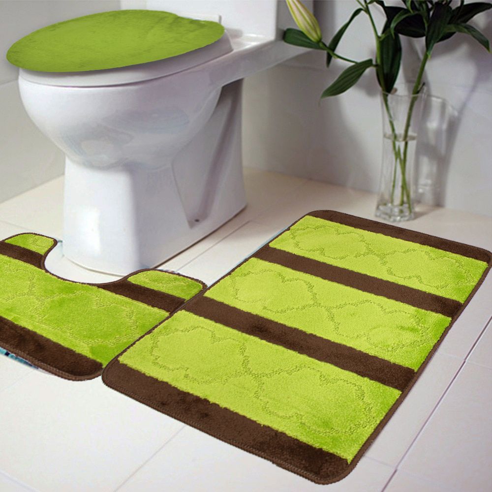 Two Tone 3 Piece Non-Slip Turkish Toilet Cover & Mat Set Brown/Green