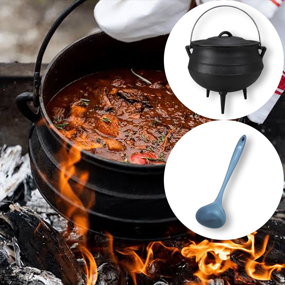 LMA 3-Foot Cast-Iron Potjie Set with Stoneware Bowls & Ladle - Size 3 / 8L