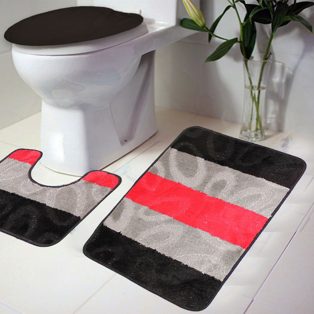 3 Piece Striped Non-Slip Turkish Toilet Cover & Mat Set - Black/Red/Grey