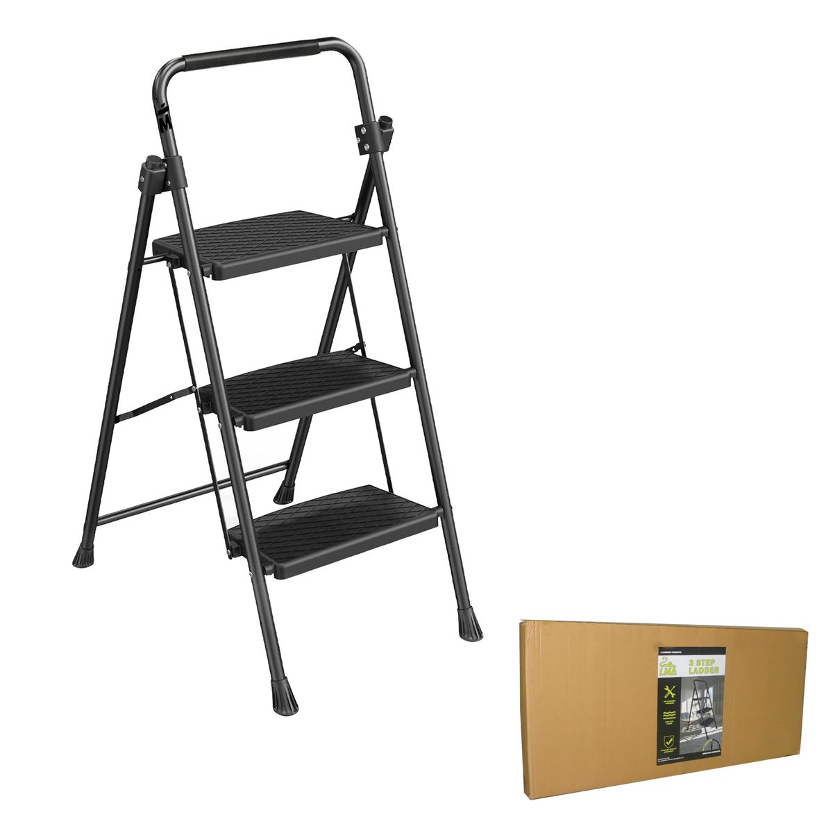 LMA 3 Step Heavy-Duty Steel Folding Ladder with Wide Non-Slip Steps -150kg