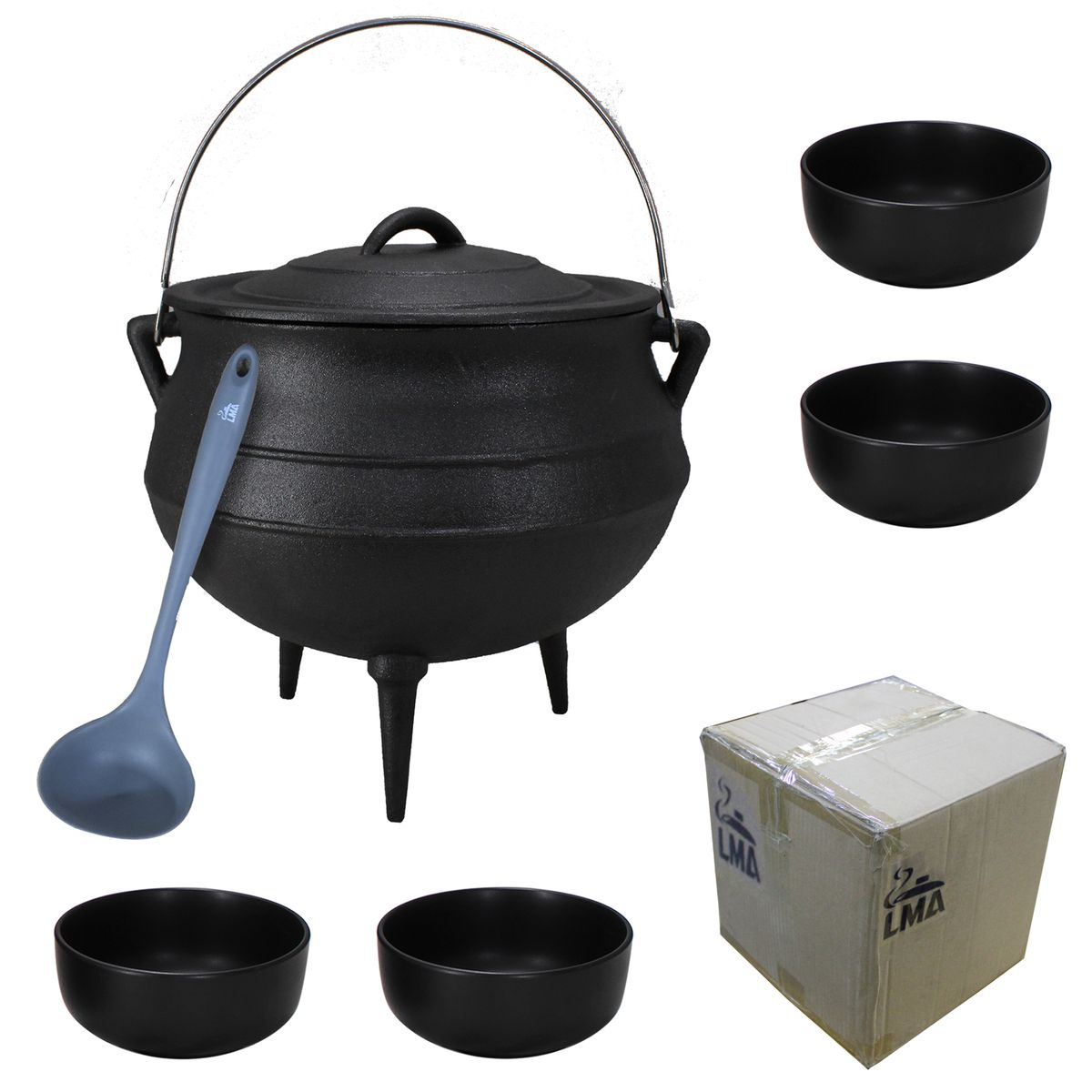 LMA 3-Foot Cast-Iron Potjie Set with Stoneware Bowls & Ladle - Size 3 / 8L