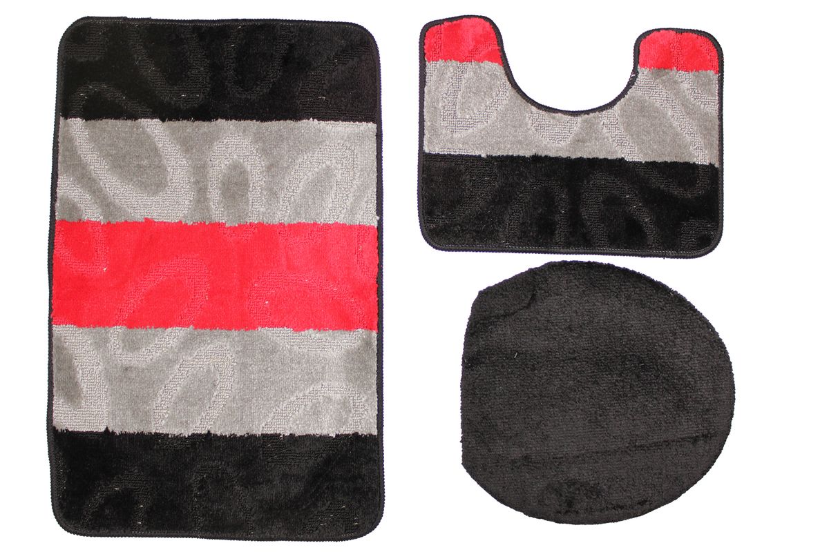 3 Piece Striped Non-Slip Turkish Toilet Cover & Mat Set - Black/Red/Grey