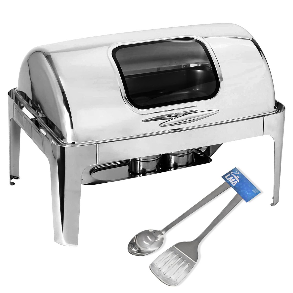 Roll Top Rectangular Chafing Dish with Window and 2 Piece LMA Utensil Set