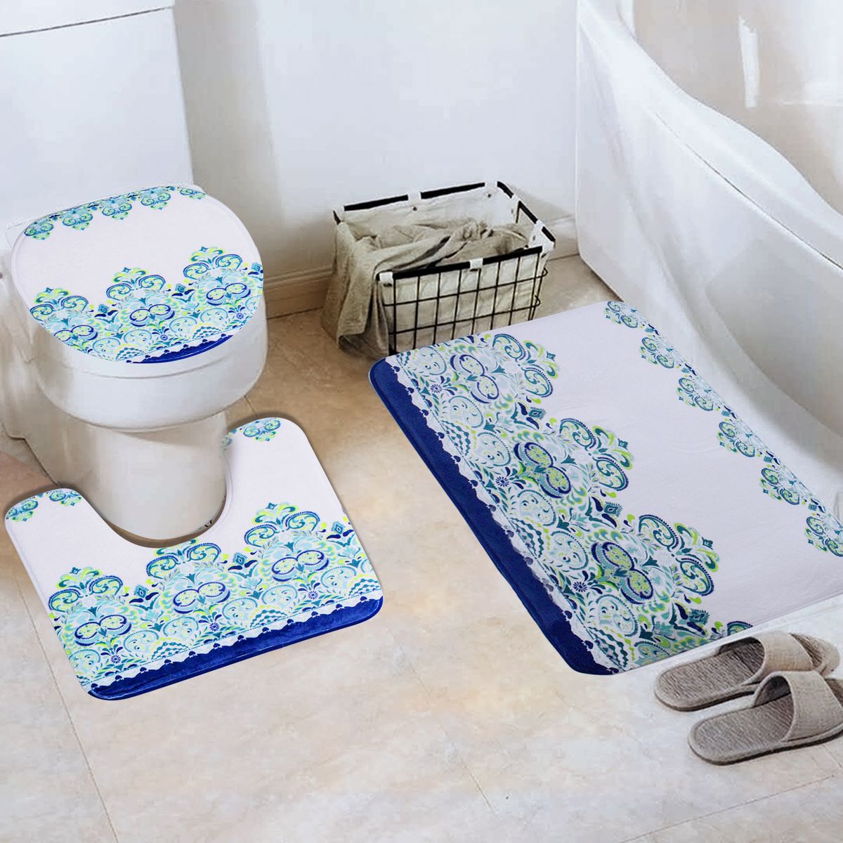 3 Piece 80x50cm Bathroom Mat &Toilet Cover Set - Pattern Print