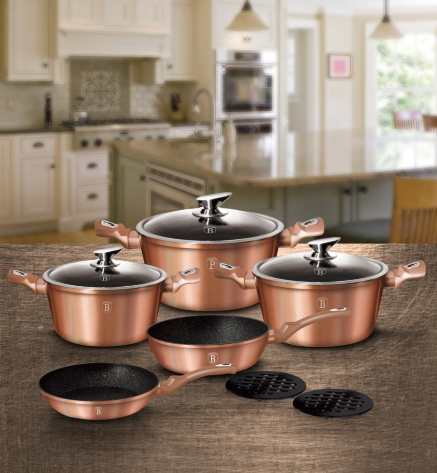 Berlinger Haus Rose Gold battery induction cooker 10 PCs non stick marble  without PFOA aluminum pan